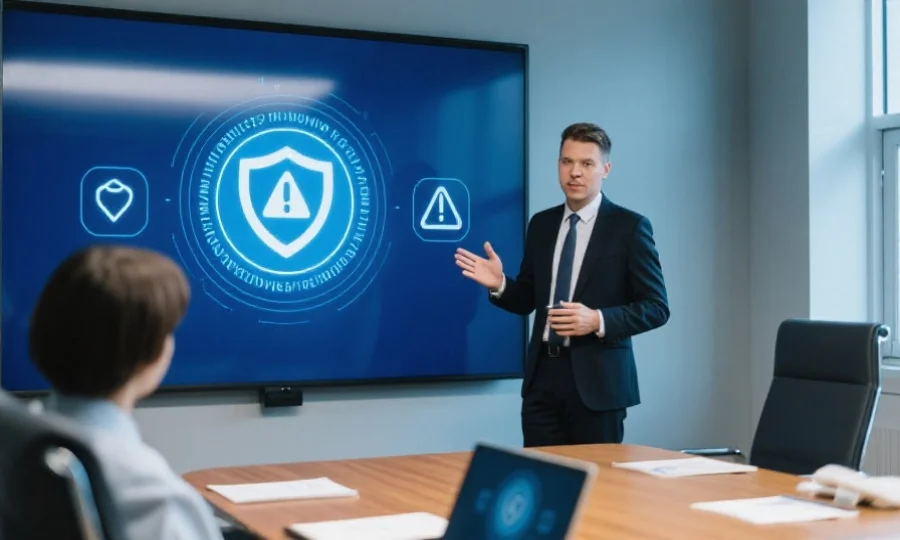 一位专业讲师正在为用户讲解网络安全知识，背景为现代化会议室屏幕上显示安全提示图标