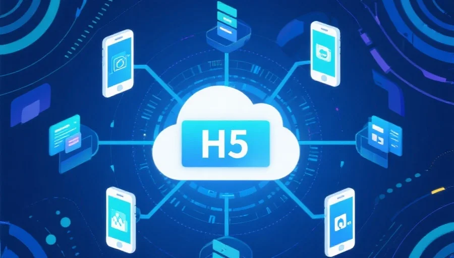 抽象风格表达的互联网云端技术架构，中心为H5网页，四周连接着不同移动设备，象征数据高效流通