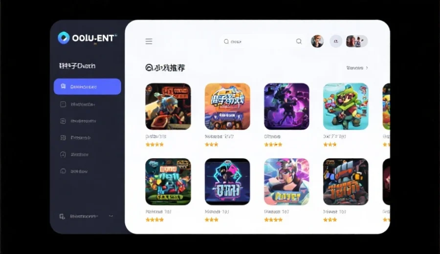 Oulu Ent平台的电子游艺推荐界面展示多个不同类型的游戏缩略图和评分，界面简洁易懂