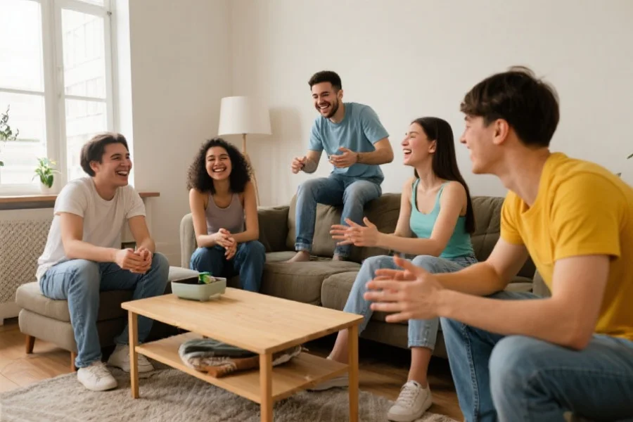 一群年轻人在客厅里相互交流，微笑着进行健康的休闲娱乐活动
